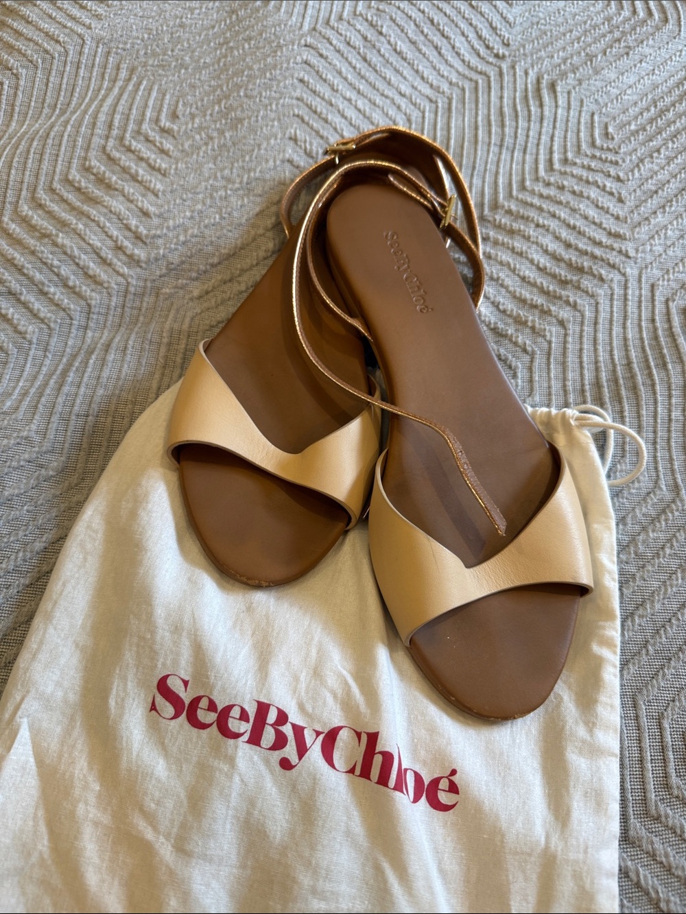 See By Chloé Beige Leather Ankle-Tie Flat Sandals